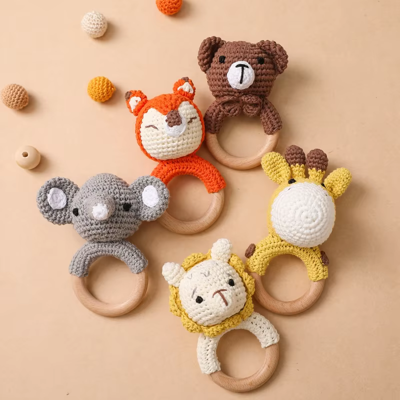 Baby Wooden Crochet Teether with Rattle