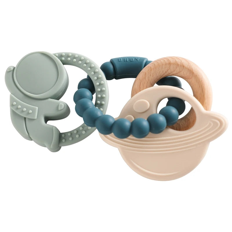 Silicone & Beech Wood Baby Space Loop Teether for Babies