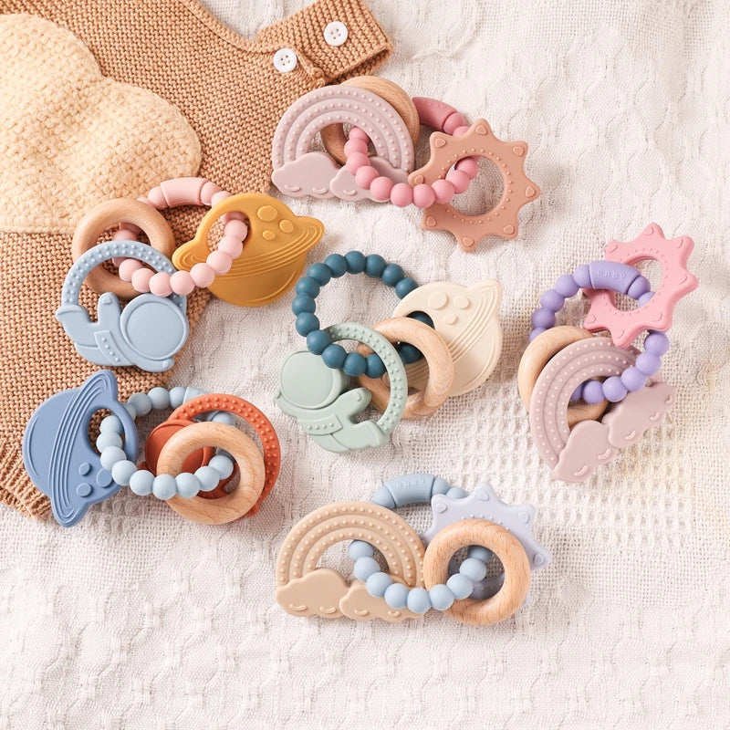 Silicone & Beech Wood Baby Space Loop Teether for Babies