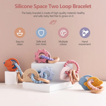 Silicone & Beech Wood Baby Space Loop Teether for Babies