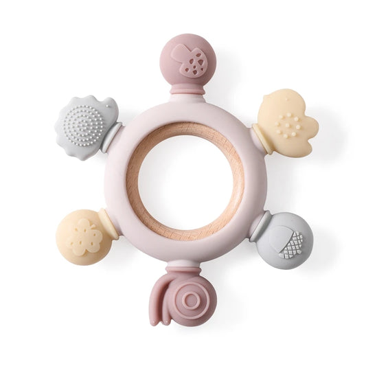 Multi-Shape Silicone & Beech Wood Baby Teether for Babies