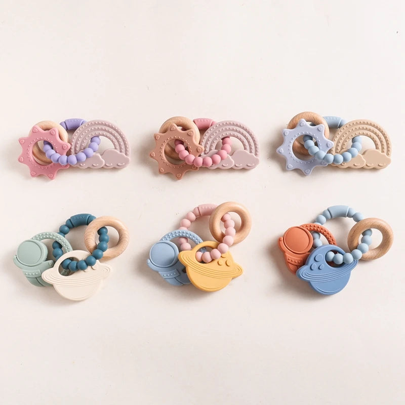 Silicone & Beech Wood Baby Space Loop Teether for Babies