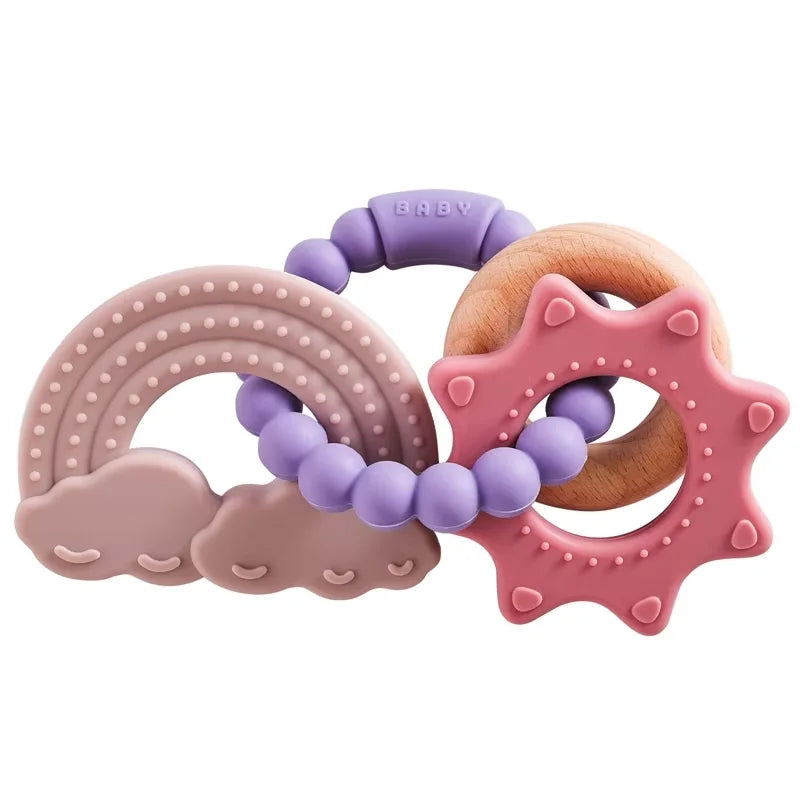 Silicone & Beech Wood Baby Space Loop Teether for Babies