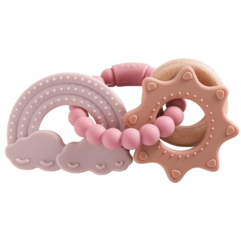 Silicone & Beech Wood Baby Space Loop Teether for Babies