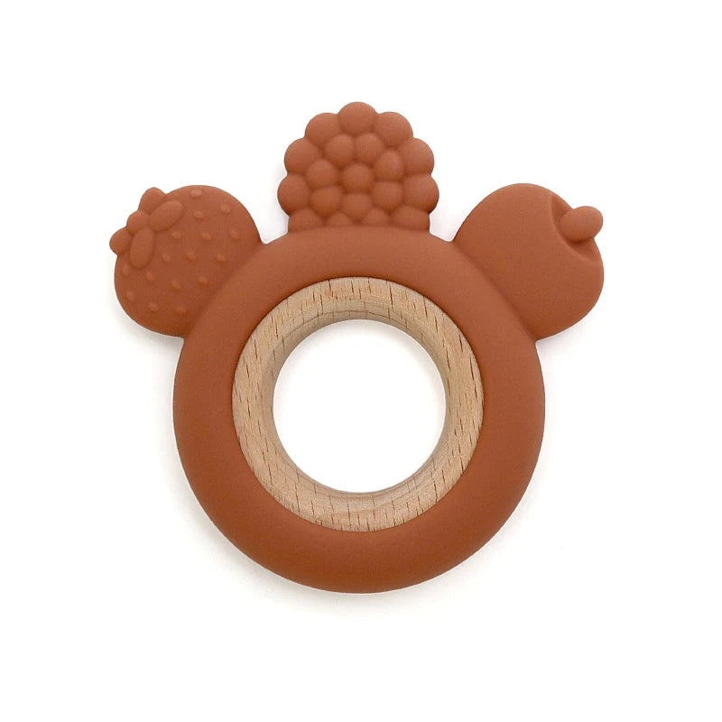 Berry-Themed Silicone & Beech Wood Baby Teether for Babies