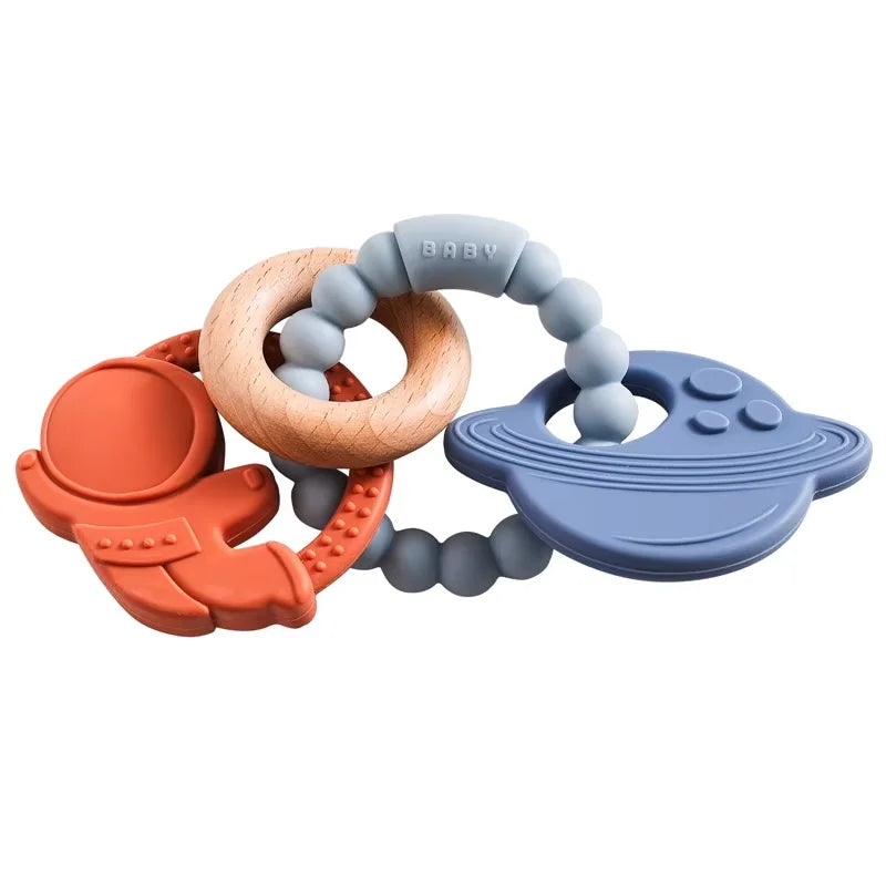 Silicone & Beech Wood Baby Space Loop Teether for Babies