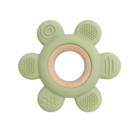 Flower-Shaped Silicone & Beech Wood Baby Teether for Babies (0-12 Months)