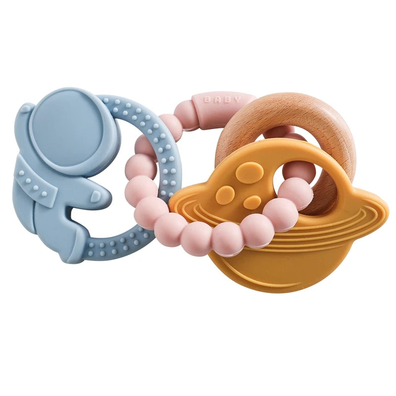 Silicone & Beech Wood Baby Space Loop Teether for Babies